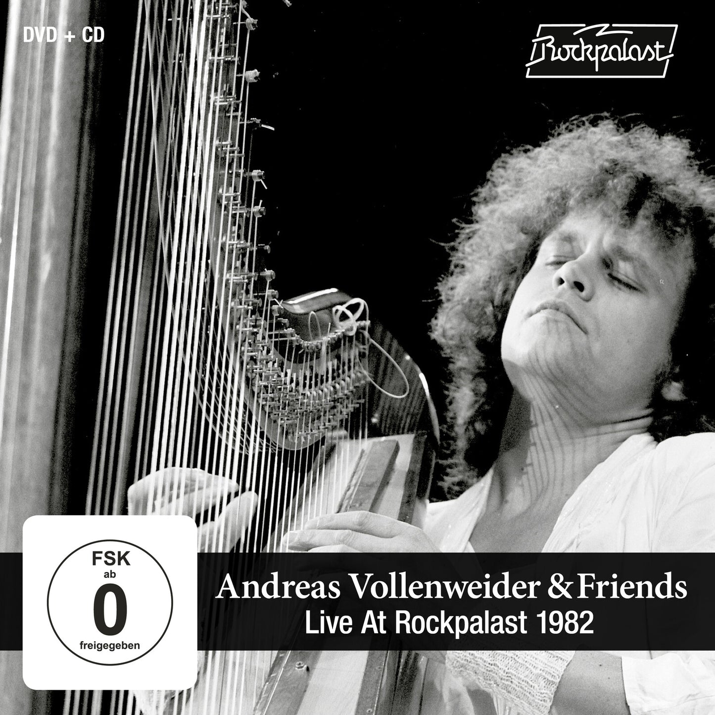 Andreas Vollenweider playing a large harp, album cover for "Live At Rockpalast 1982".