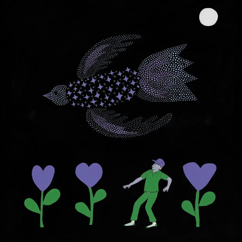 Purple bird illustration with a figure and three purple heart-shaped flowers.
