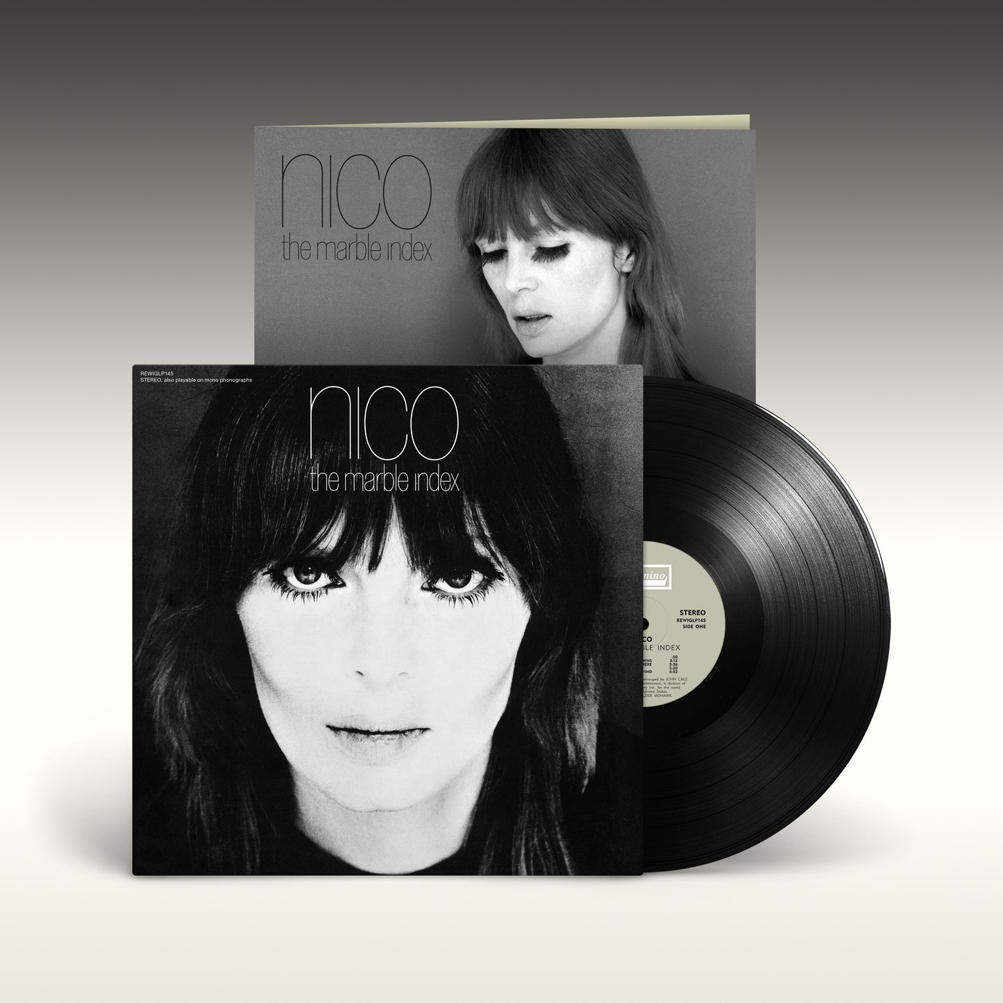 Black and white vinyl record with portrait of Nico on the cover.
