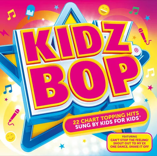 Kidz Bop 32 CD cover with colorful starburst and bold lettering.