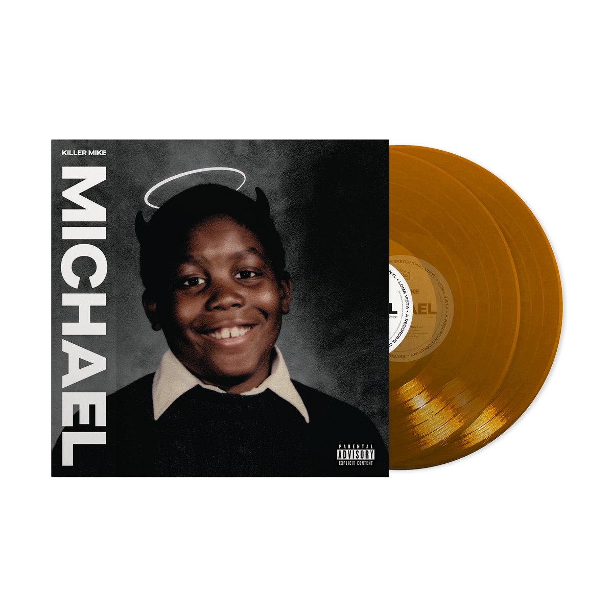 Killer Mike’s “Michael” vinyl record: black cover with portrait and amber discs.