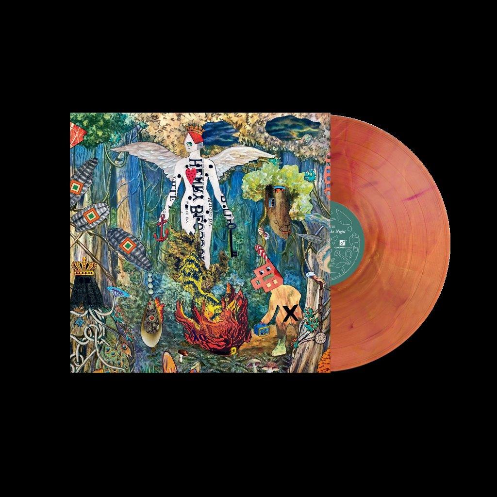 Vinyl record with orange marbled colors and album cover with fantasy illustrations.