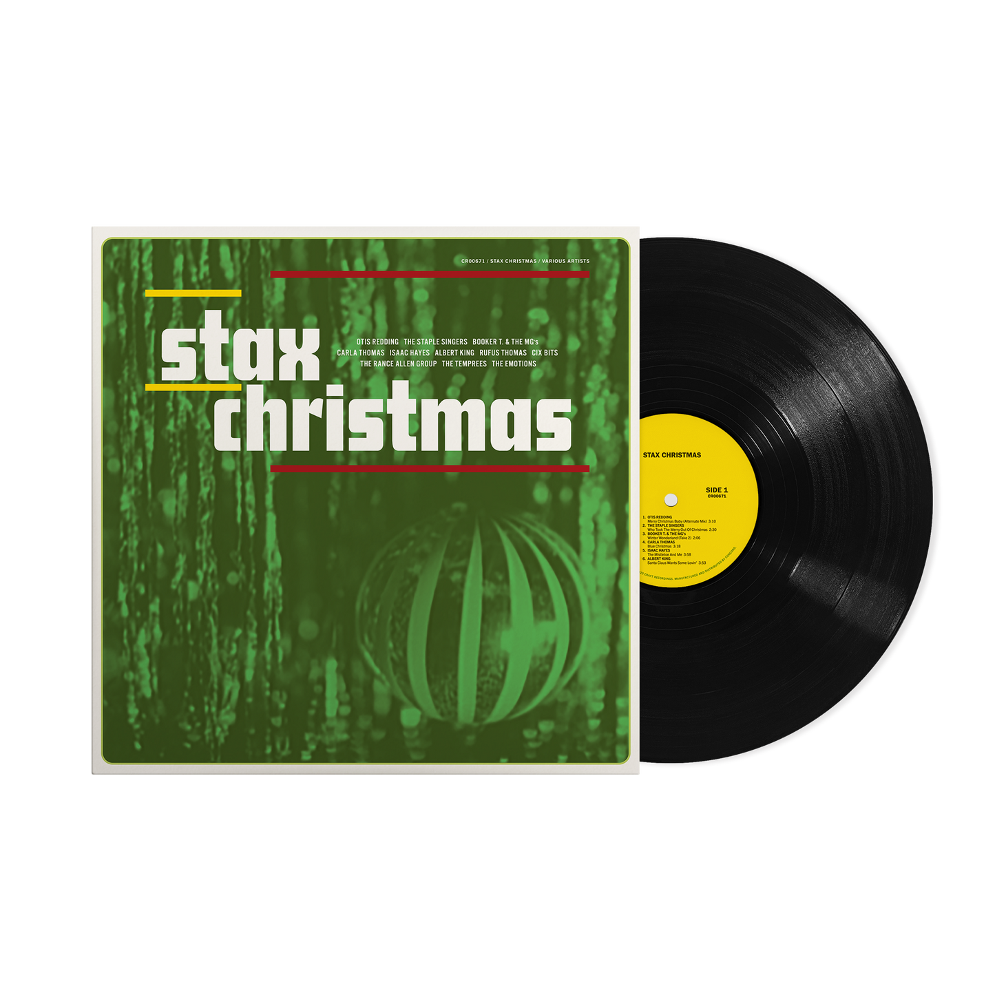 Green Stax Christmas LP record with a silver ornament illustration.