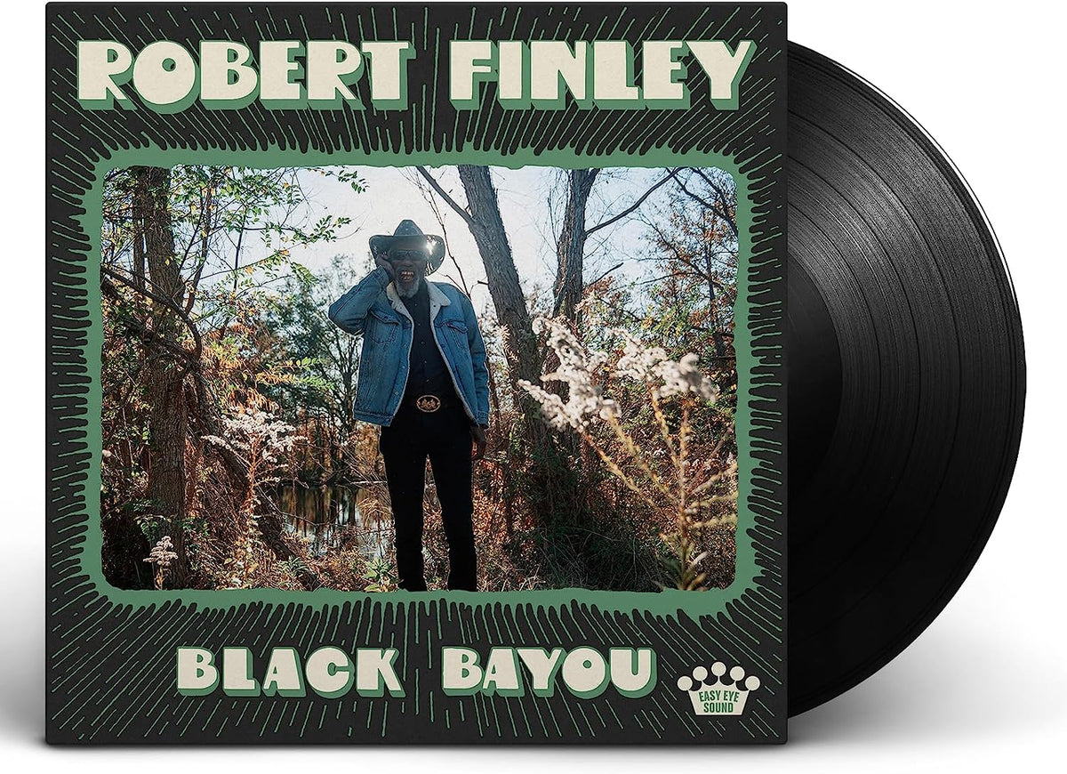 Robert Finley’s “Black Bayou” vinyl record with a man in a bayou scene.