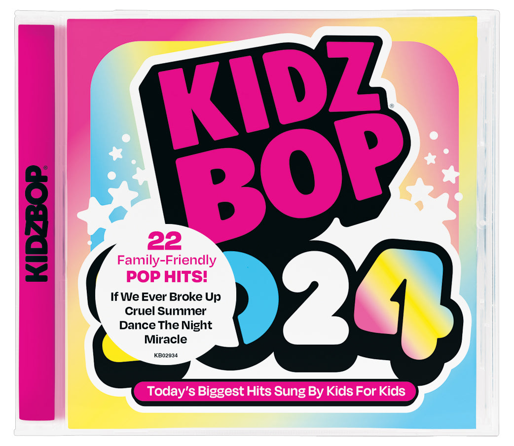 CD cover for KIDZ BOP 2024 with colorful logo and song titles.