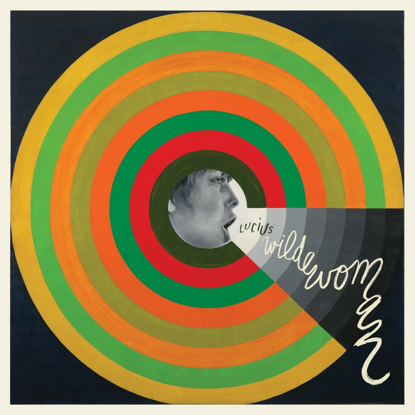 Album cover with a portrait of a woman amidst colorful concentric circles.