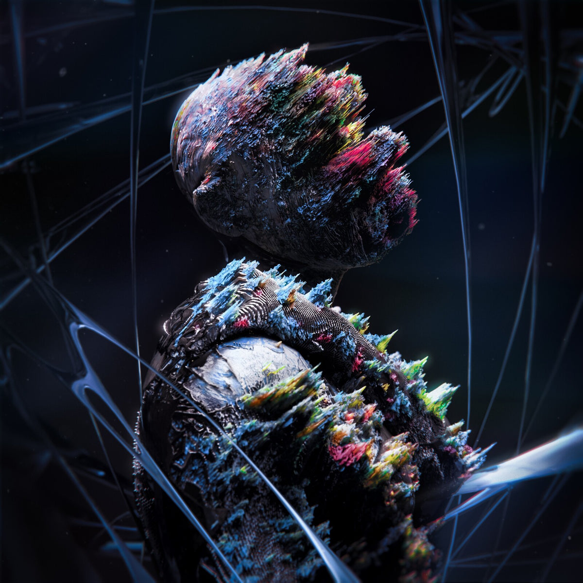 Abstract, colorful, textured figure encased in a web-like structure.