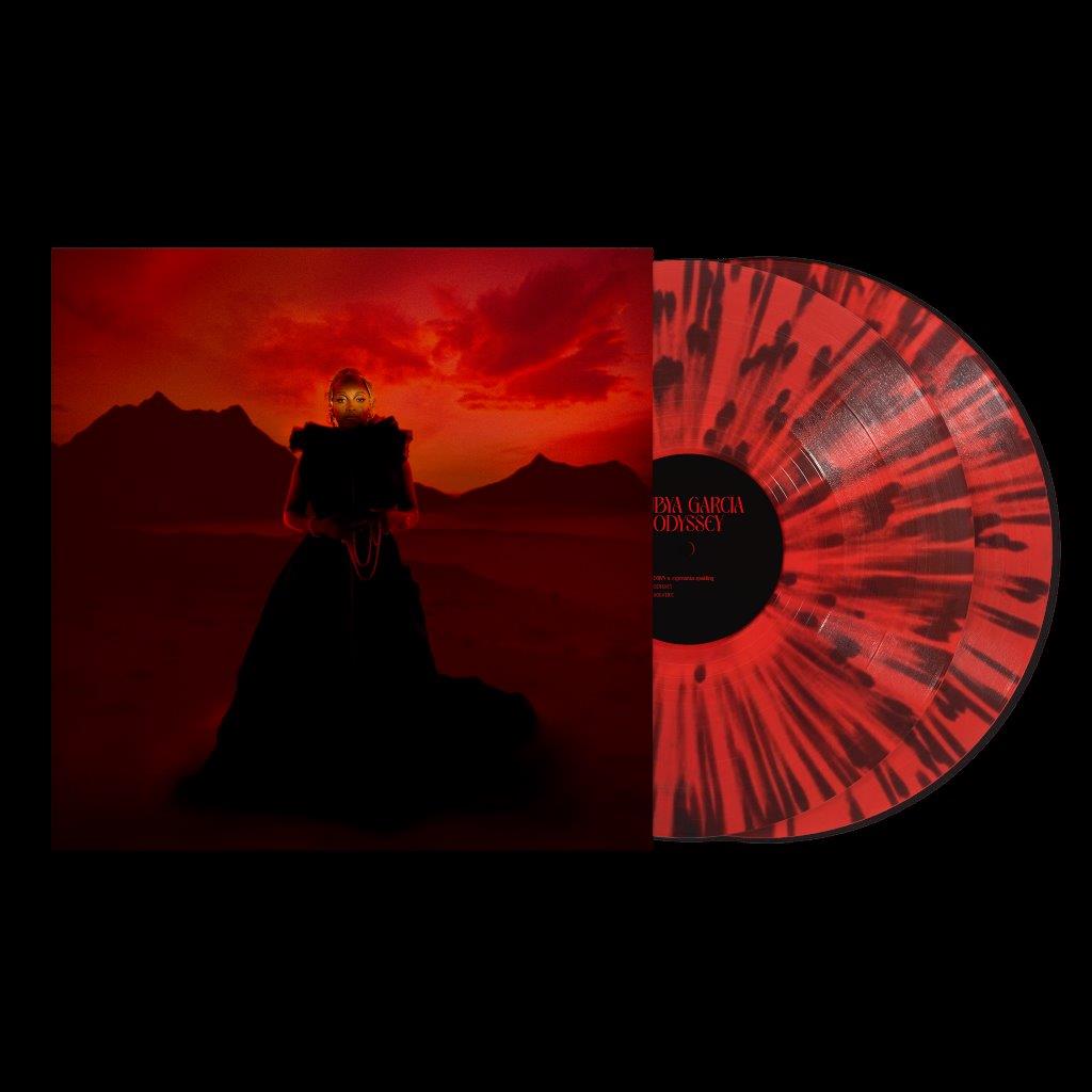 Nubya Garcia Odyssey vinyl record cover and red and black splatter vinyl disc.