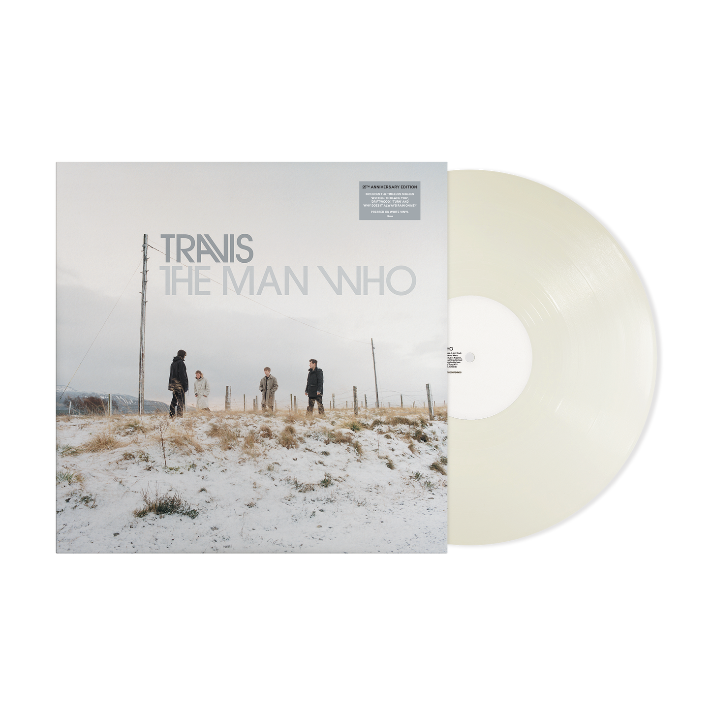 Travis album "The Man Who" vinyl record with snowy landscape cover.