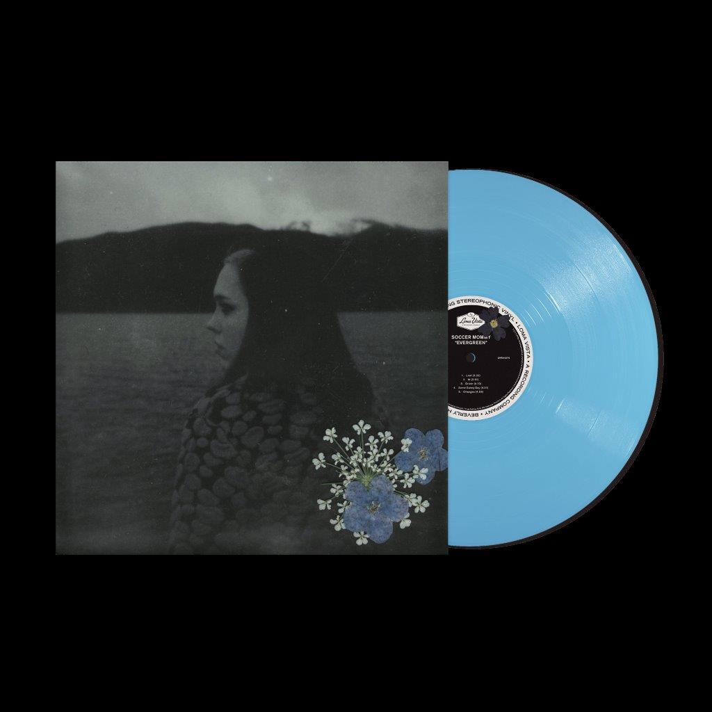 “Evergreen” vinyl record by Soccer Mommy, baby blue color, portrait cover.