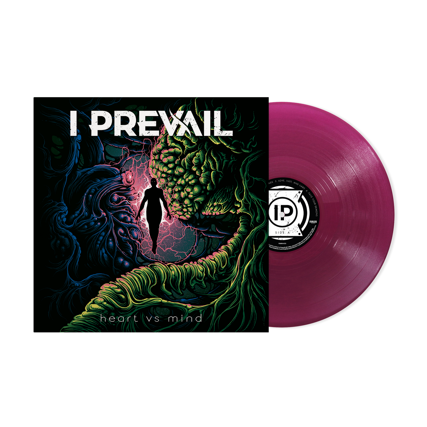 I Prevail Heart Vs Mind album cover art next to a magenta vinyl record.