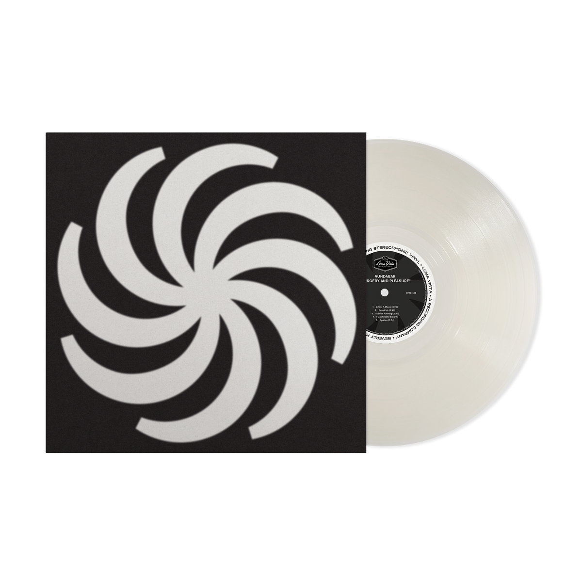 White vinyl record with a swirling black and white graphic design.