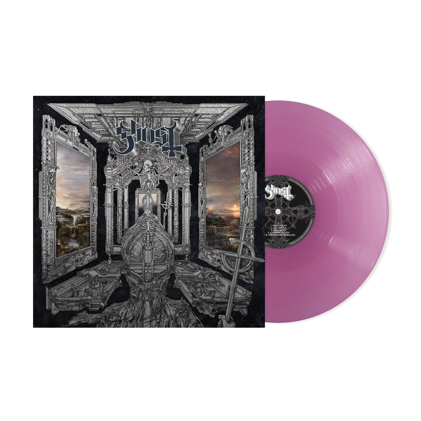 Pink vinyl LP of Ghost’s “SKELETÀ” with ornate album cover art.