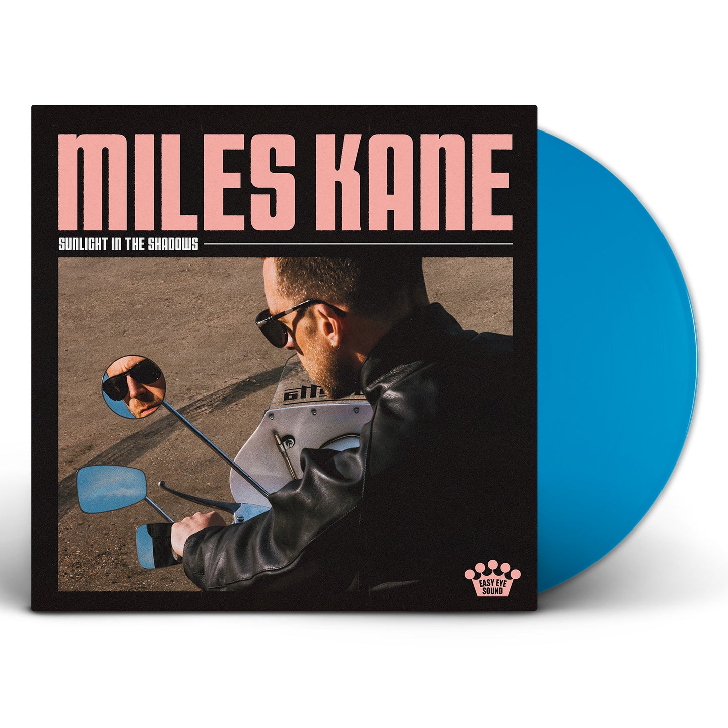Miles Kane album cover featuring a man on a motorcycle, blue vinyl edge.