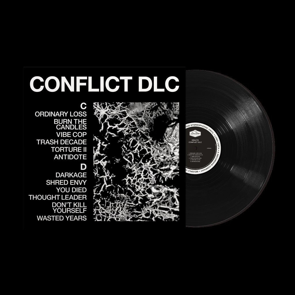 Black vinyl record with white text listing song titles and "CONFLICT DLC".