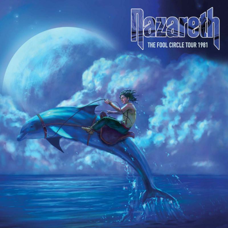 Album cover: man riding a dolphin under a full moon.