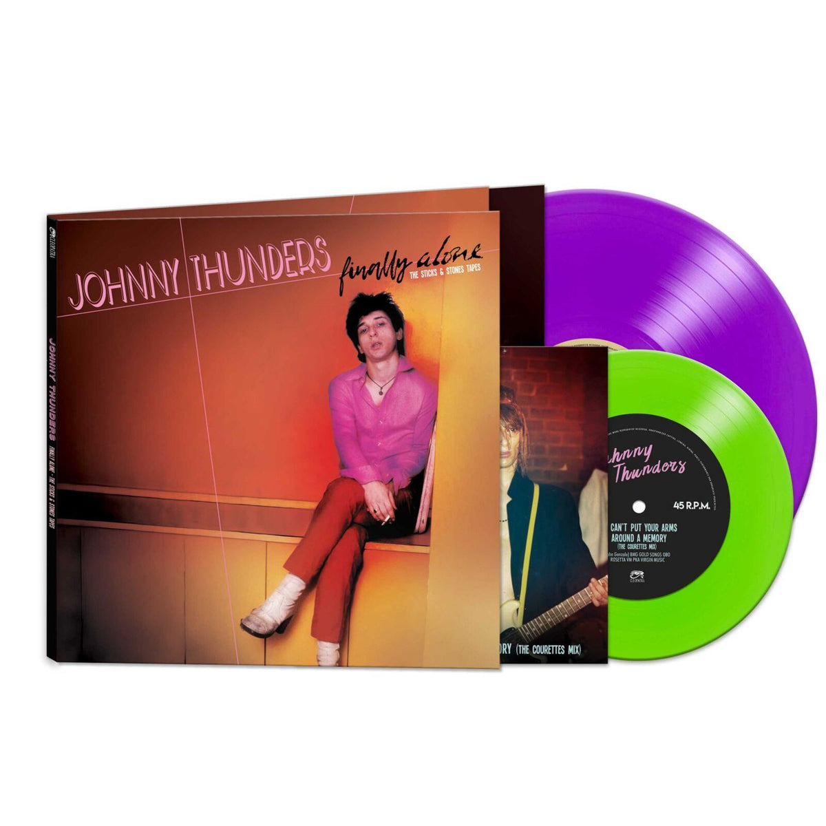 Johnny Thunders album cover with portrait and yellow vinyl record.