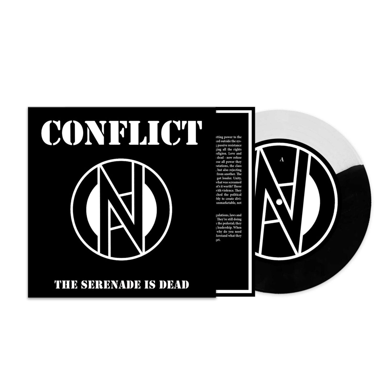 Black vinyl record with white text and a circular anarchist symbol.