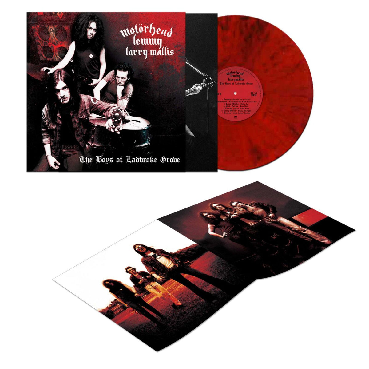 Motorhead vinyl record: album cover with Lemmy, and red swirl disc.