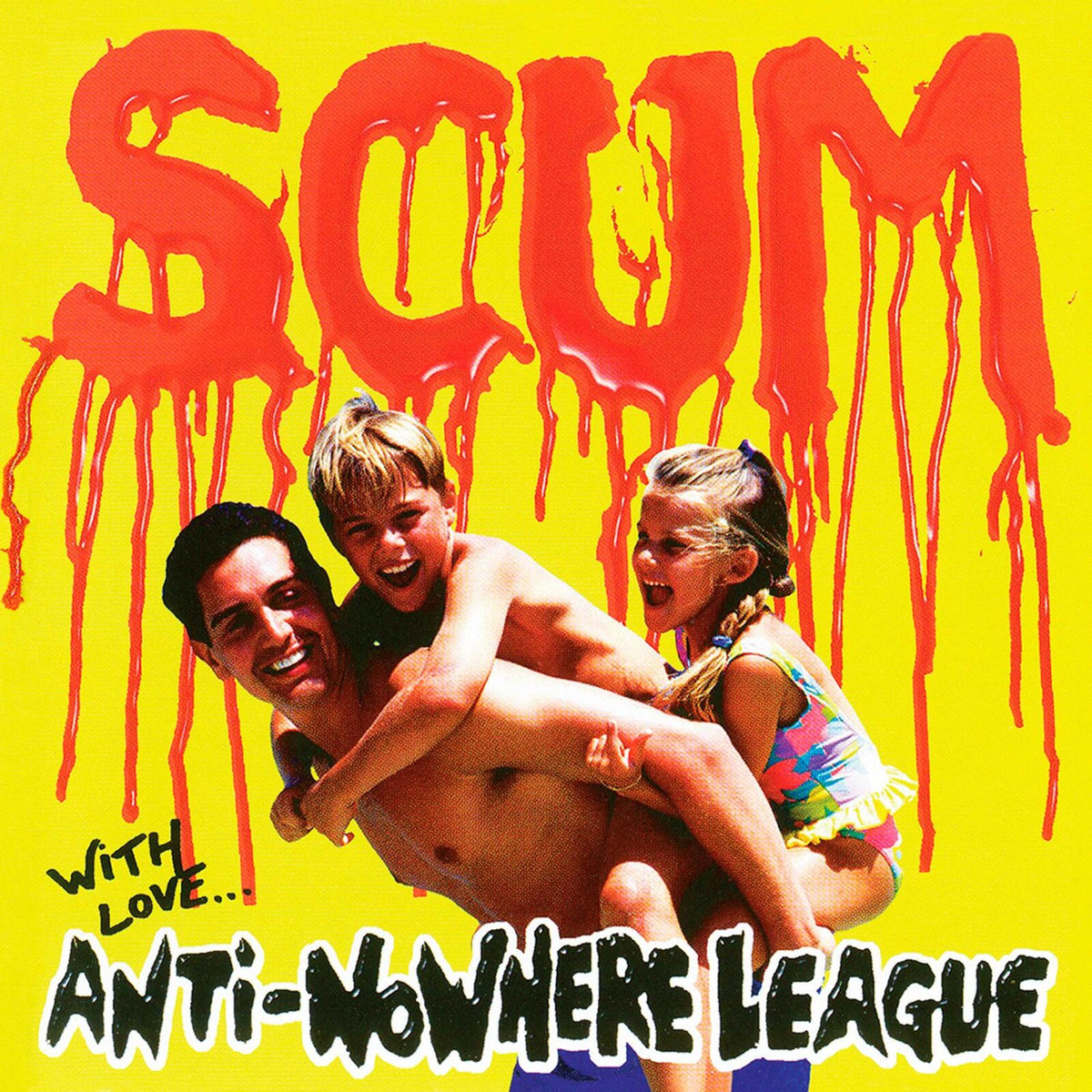 Album cover for Anti-Nowhere League’s “Scum” featuring three smiling people.
