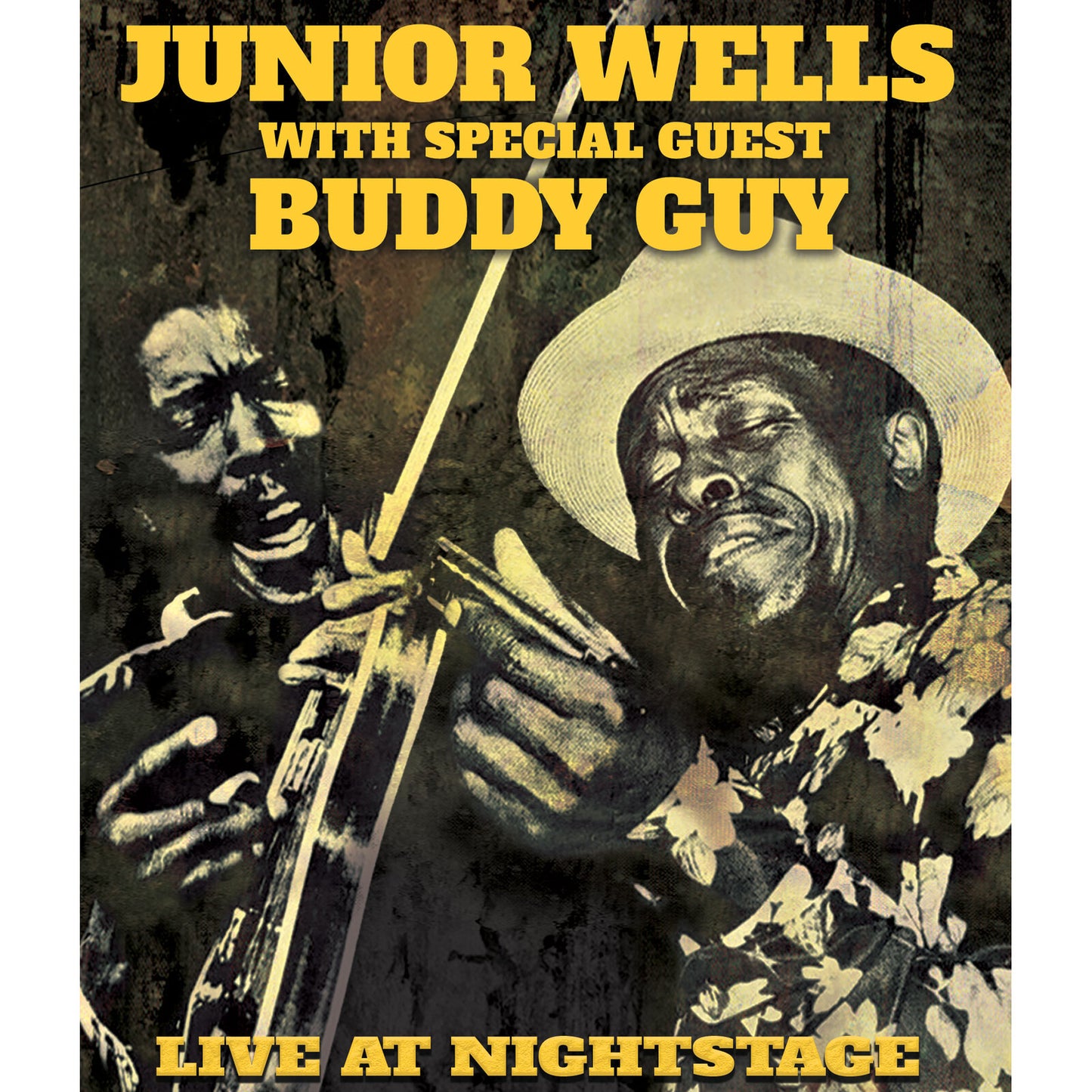 Junior Wells and Buddy Guy album cover, sepia-toned, live performance.