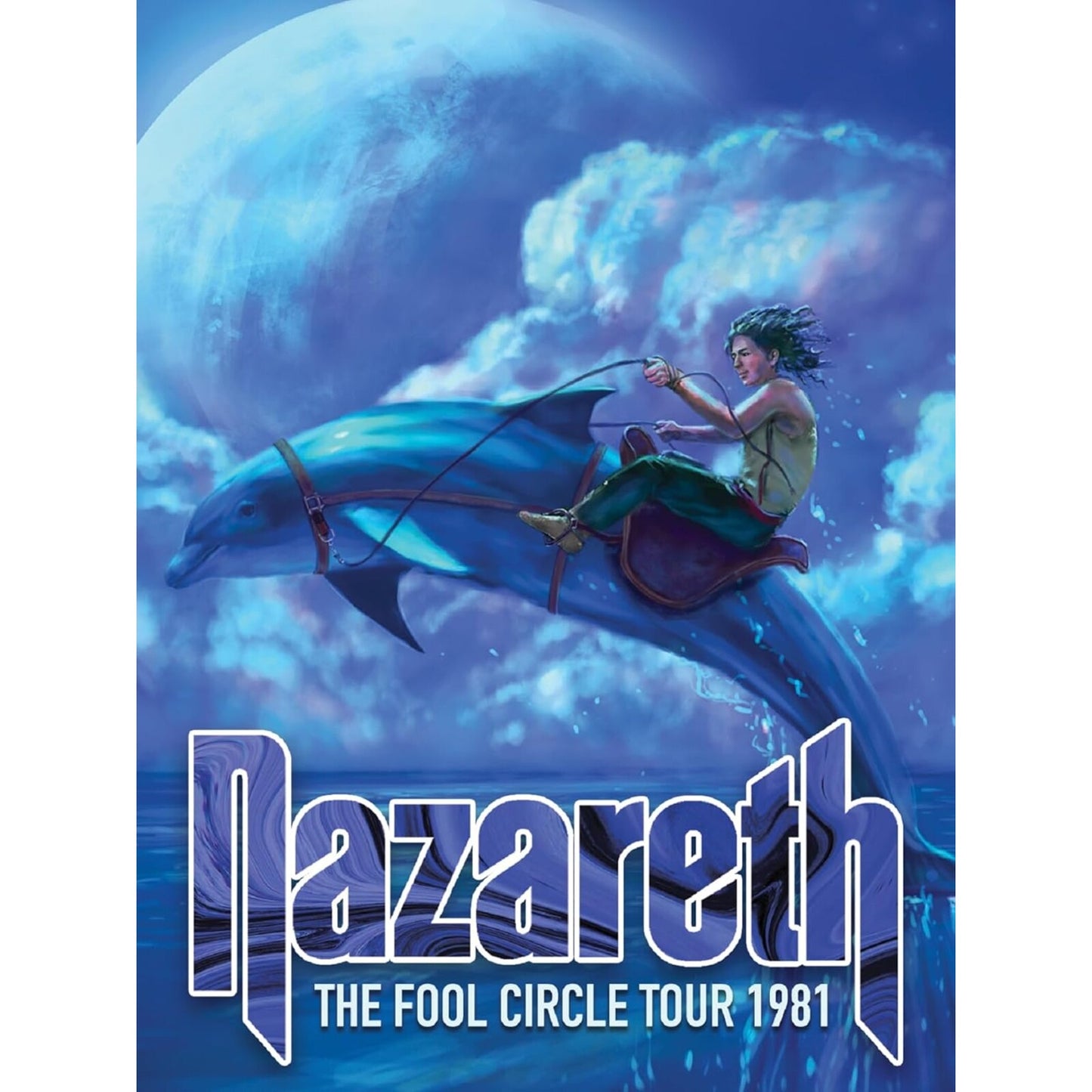 Nazareth album cover: man riding a dolphin under a moonlit sky.
