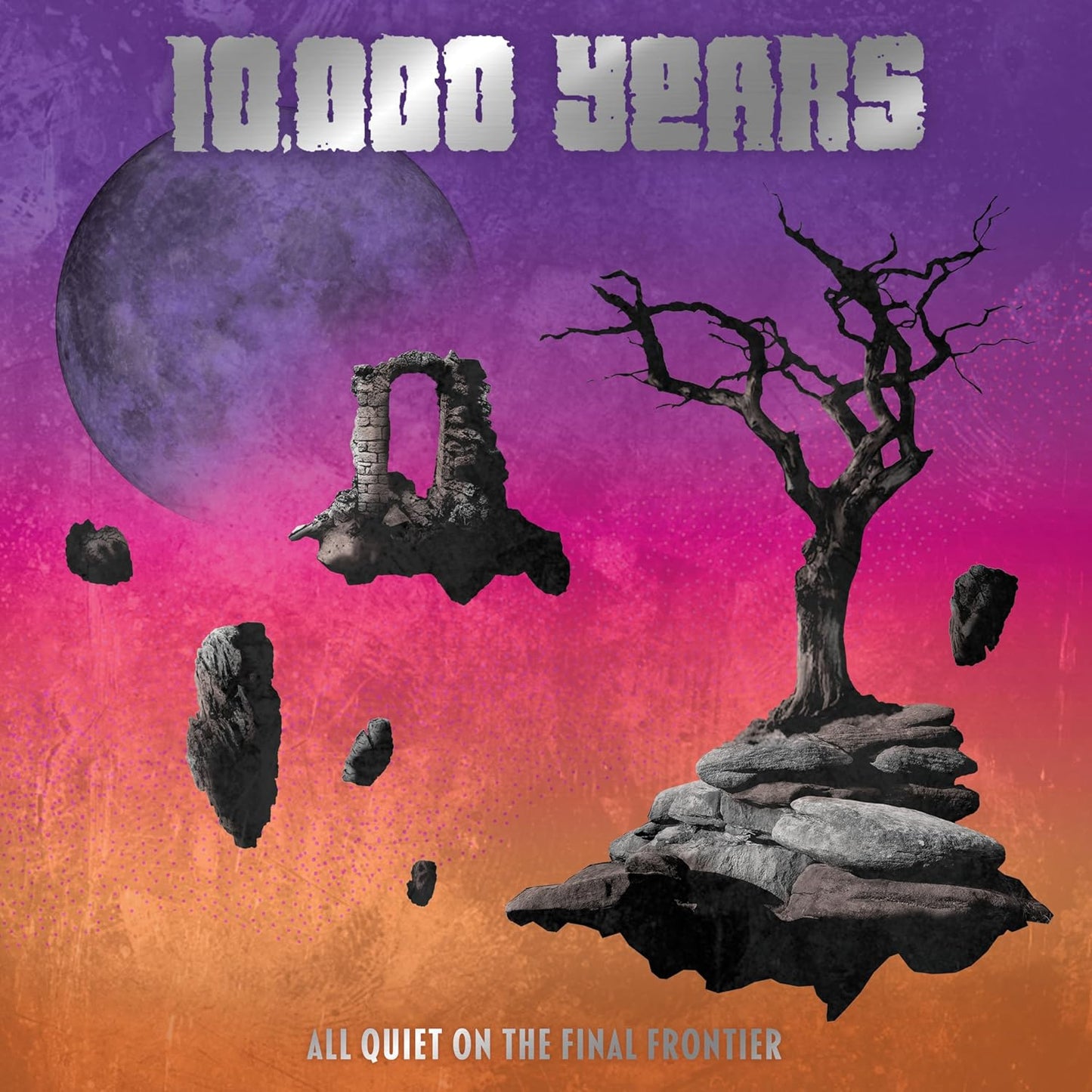 Album cover: floating rocks, ruins, tree, and large moon in a purple sky.