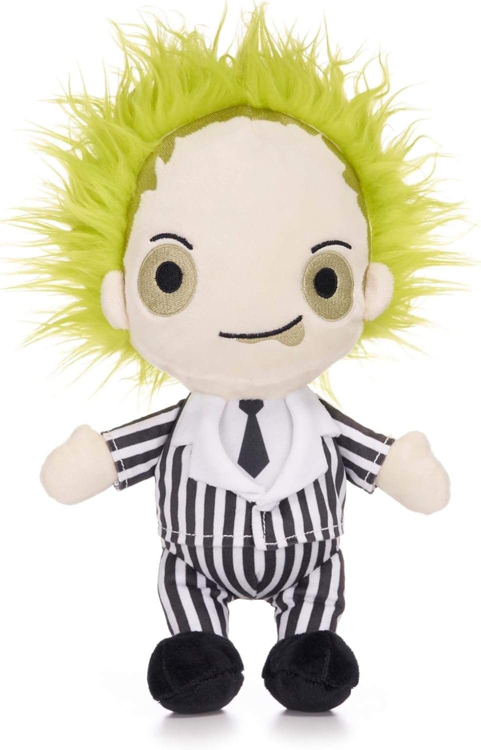 Beetlejuice plush toy with green hair and black-and-white striped suit.