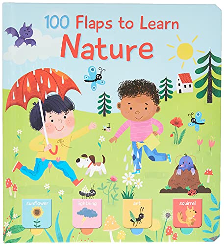 Children's book cover showing two kids outdoors with animals and nature-themed lift-flaps.