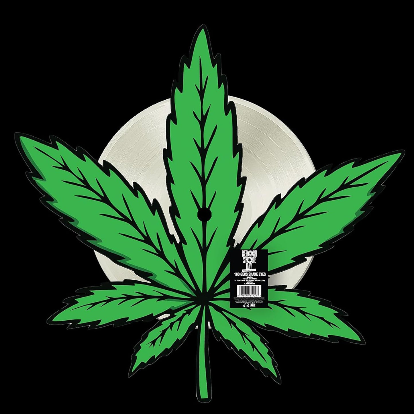 Vinyl record with a large green cannabis leaf overlay and barcode.