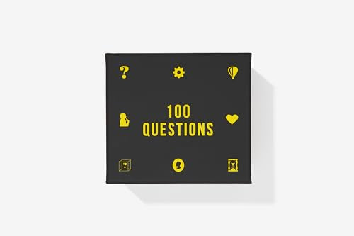 Black box with yellow icons and text reading "100 Questions".