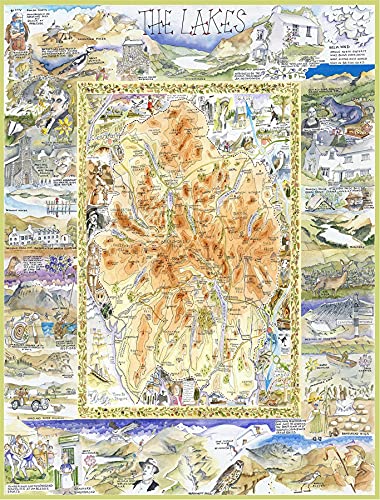 Illustrated map of The Lake District with surrounding whimsical scenes.