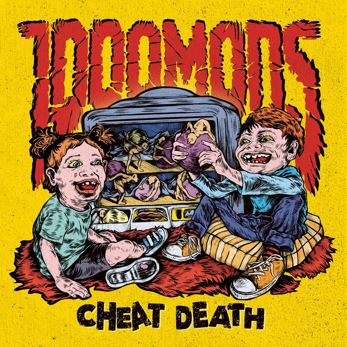 Album cover: two unsettling children flanking a toy-filled, open oven.