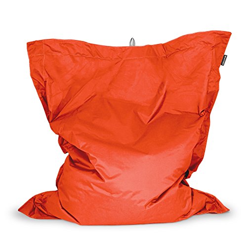 Large, bright orange beanbag chair against a white background.