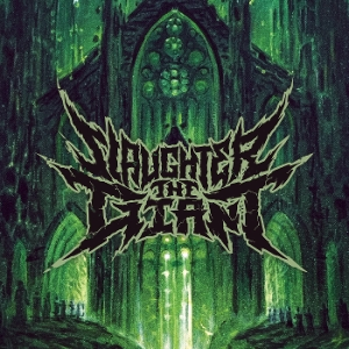 Green gothic cathedral illustration with band name "Slaughter The Giant".