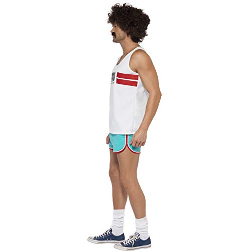 Man in a white tank top and turquoise running shorts costume.