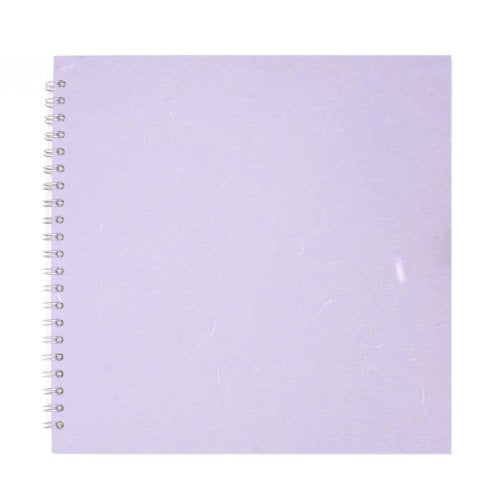 Square lilac spiral notebook with textured paper, closed.