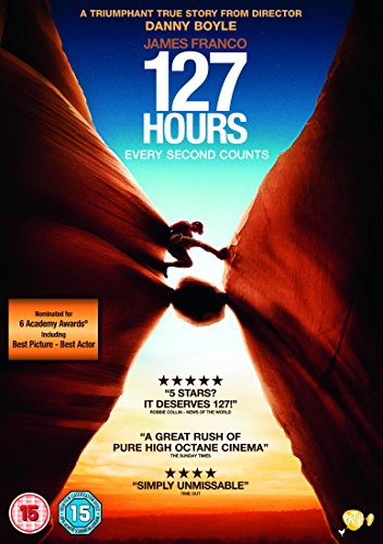 127 Hours" DVD cover: man trapped in a narrow canyon, orange tones.