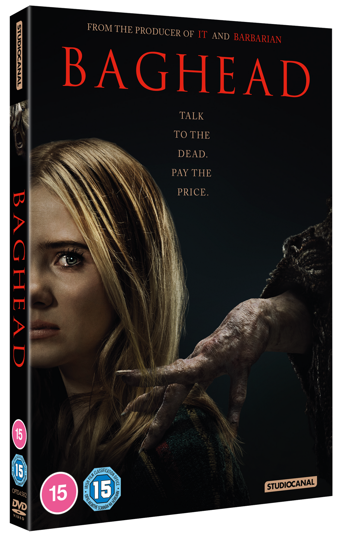 Baghead" DVD cover featuring a woman and a decaying hand.