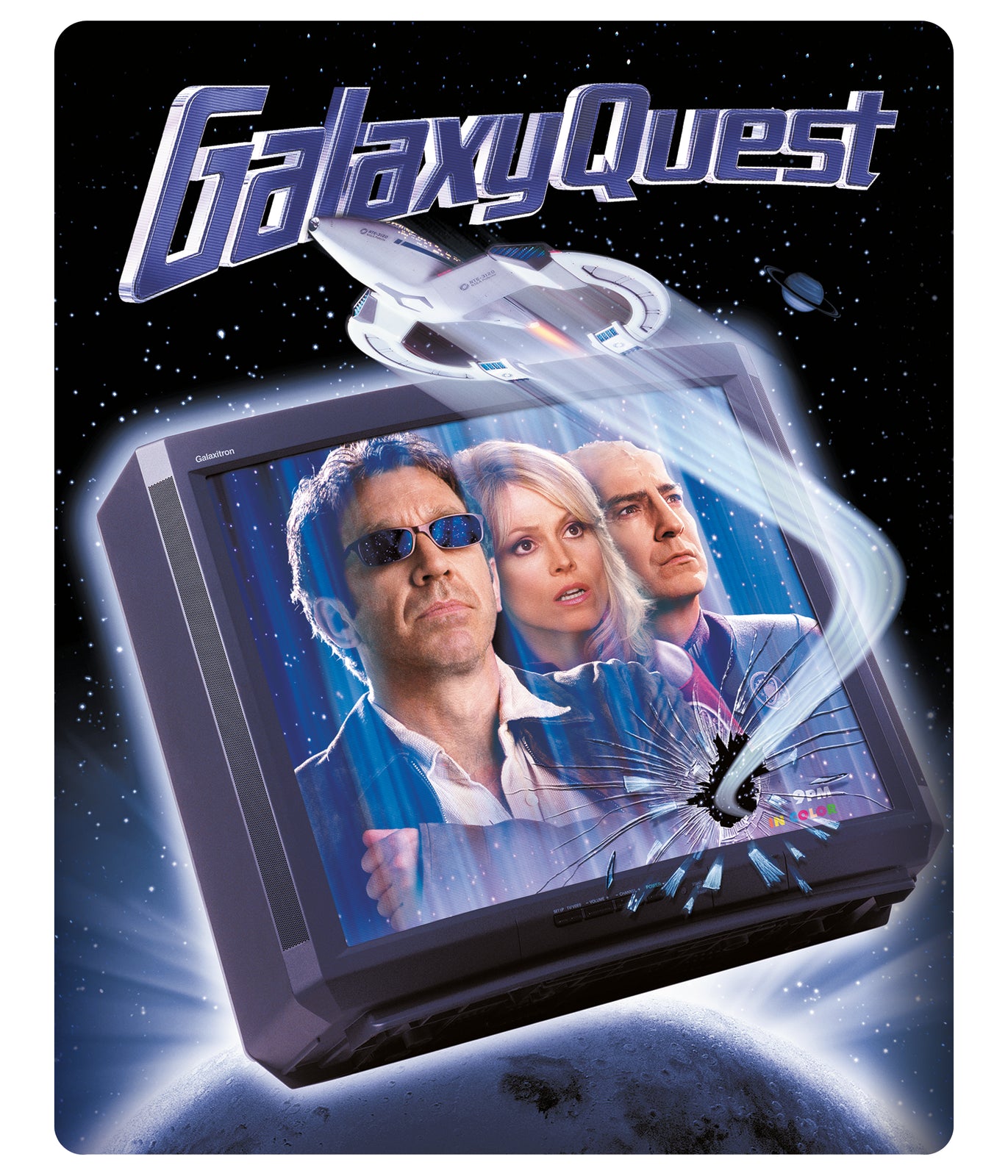 Galaxy Quest movie poster with a spaceship flying into a cracked television screen.