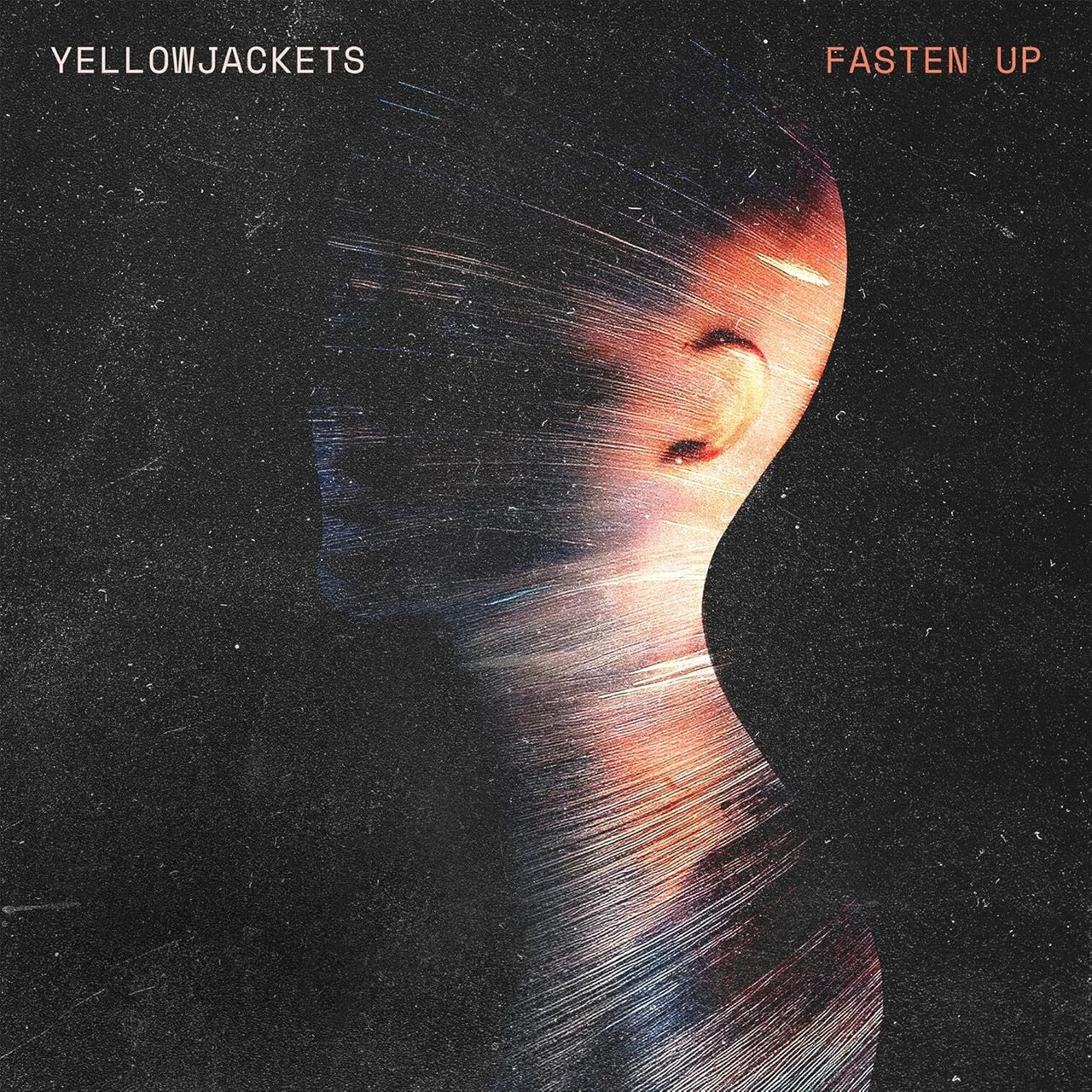 Yellowjackets "Fasten Up" CD cover: distorted face against a dark, textured background.