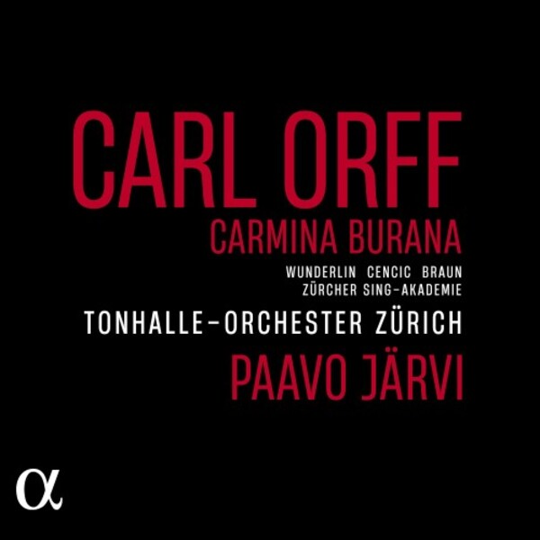 CD cover for Carl Orff’s Carmina Burana, red text on black background.