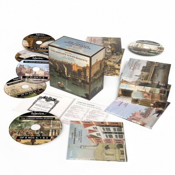 Haydn string quartet CD box set with multiple discs and booklets.