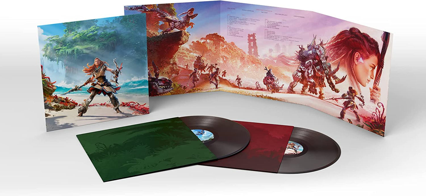 Horizon Forbidden West vinyl soundtrack open, showing artwork and two records.