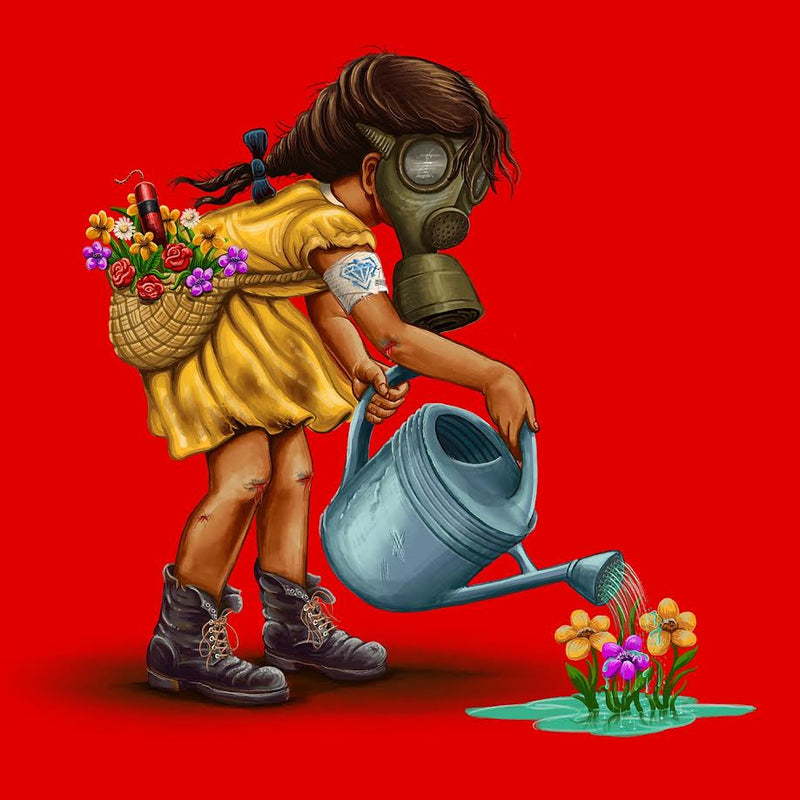 Girl in gas mask watering flowers, red background, album artwork.