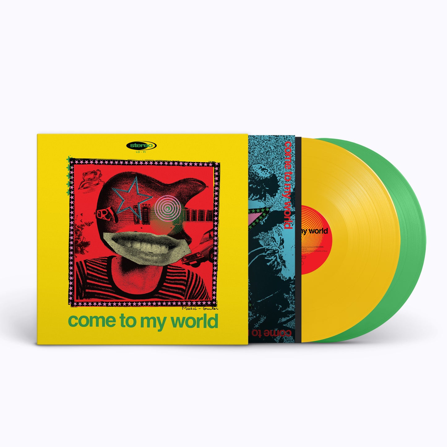 Come To My World" vinyl record with yellow and green colored discs.