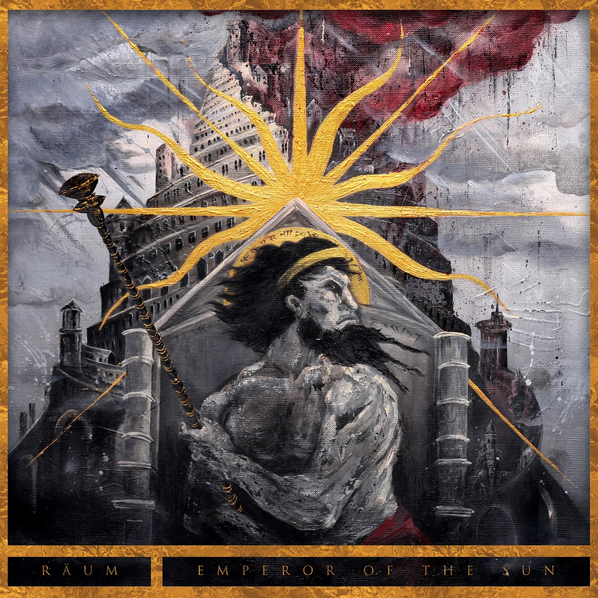 Painted album cover featuring a man with a staff before a tower and sun.