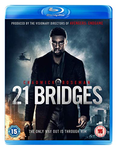 Blu-ray cover of 21 Bridges featuring Chadwick Boseman in a dark coat.