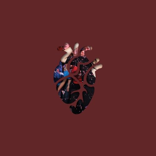 Heart-shaped collage of figures against a dark red background.