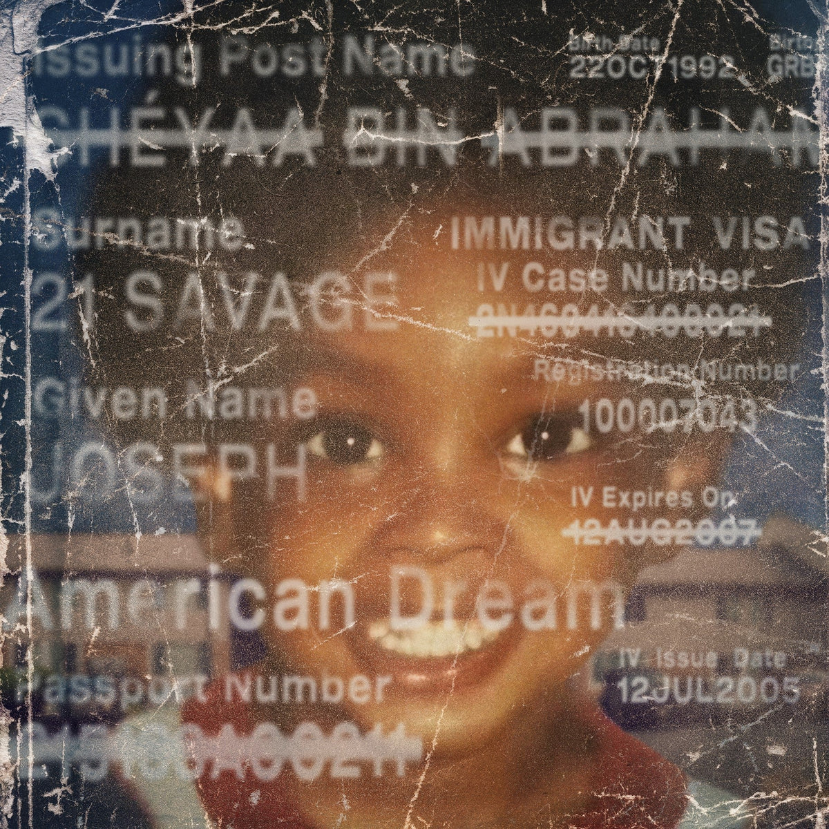 A distressed, vintage-style image of a young child overlaid with official immigration document text.